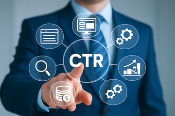 CTR. CTR Click Through Rate Analysis. Media planning for effective ads strategy neubrutalism concept. new technical.