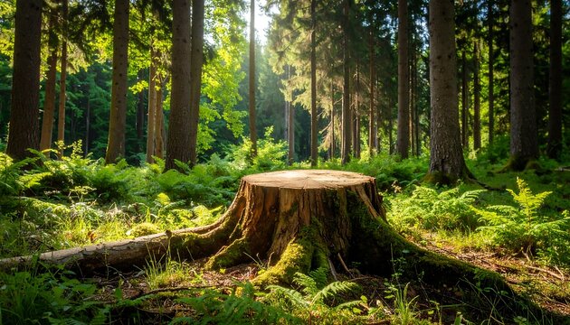 Sunlit forest scene with moss-covered tree stump
