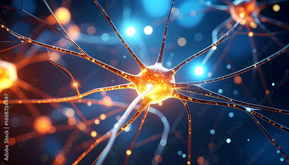 Poster glowing neurons closeup of brain cells with neural network, and science background.