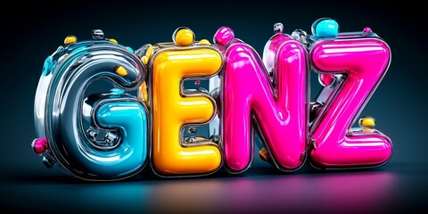 Glossy 3D balloon-style GEN Z typography in bold vibrant futuristic colors