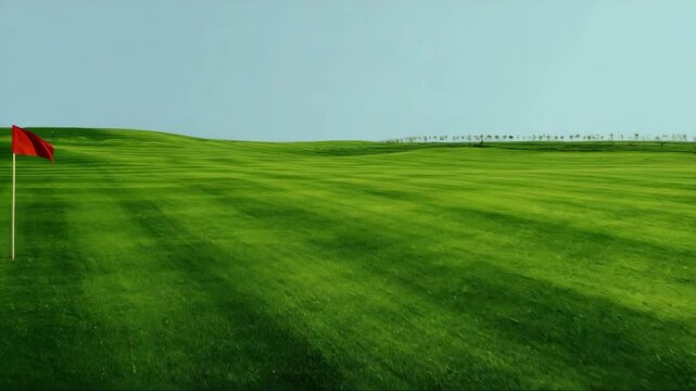 Green golf course landscape with flag under clear blue sky   - Powered by Adobe