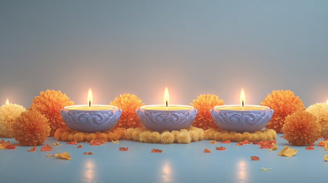 Minimalist Choti Diwali banner, glowing diyas in a row at dawn, fresh marigold garlands and rangoli around, subtle beige-to-light blue gradient background,