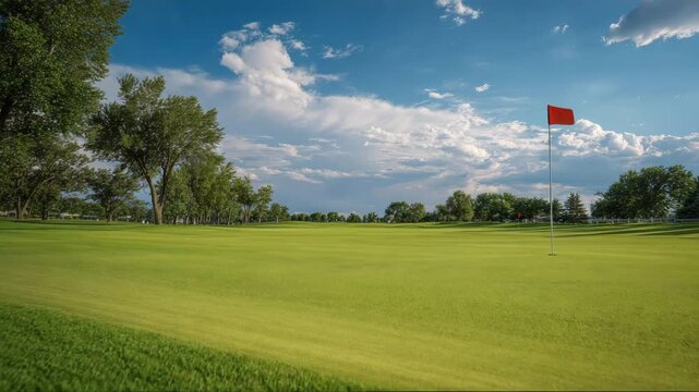 Scenic golf course with flag on green grass under blue sky  