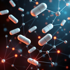 abstract visualization of pharmacodynamics featuring floating capsules with white pills, interconnected by glowing lines and nodes, representing complex interactions in medicine