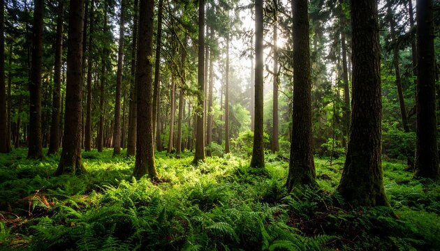 Sunlit forest scene with tall trees and lush ferns covering the ground