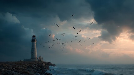 Lighthouse standing on rocky cliff with flying seagulls and dramatic cloudy sky in background, center open space ideal for travel or freedom concept text or inspirational quote