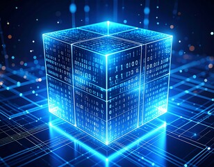 A glowing blue cube,  filled with binary code,  set on a network of  lines