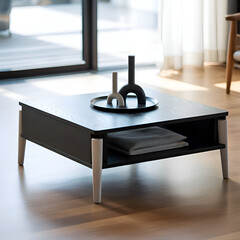 Black and white Scandinavian design wooden coffee table with hidden storage, square shape, top view in living room setting.