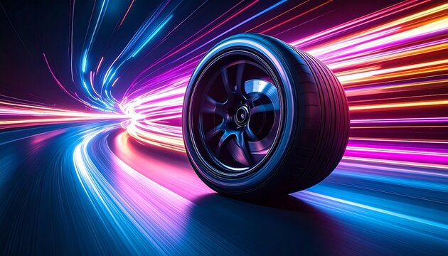 A black car tire in the center of a vibrant, neon-lit, motion blur tunnel