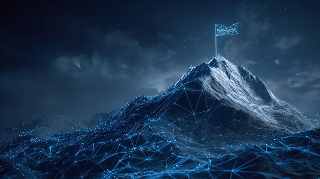 Digital Summit A towering mountain peak conquered representing ambition triumph against digital skies network