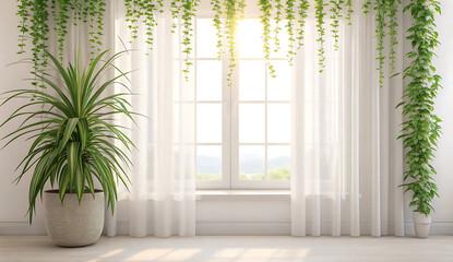 Sunlit Interior with Indoor Plants and Sheer White Curtains