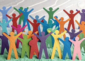 Diverse group of colorful stick figures celebrating together