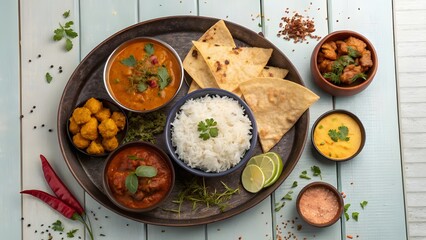 Delicious indian thali meal with rice naan and curries served on a rustic wooden table