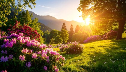 Sunlit mountain meadow with vibrant rhododendrons blooming at sunset