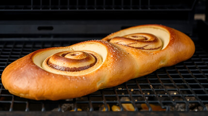 Cinnamon babka or swirl brioche bread on black metal grille. Cinnamon roll bread. European Easter sweet bread. Homemade pastry for breakfast.