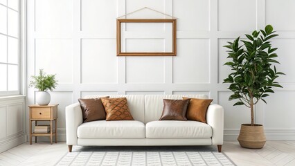 Fototapeta premium Bright modern space with a white wall, light sofa, leather cushions, potted plant, and a wooden frame with blank space.