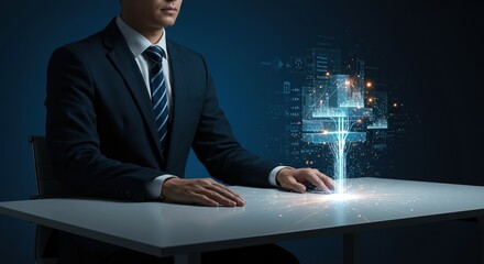 Confident businessman engages with futuristic data visualization, driving innovation and growth