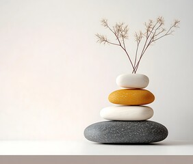 Minimalist Balanced Stone Stack with Dried Flowers on Clean White Background for Zen and Calm Decor