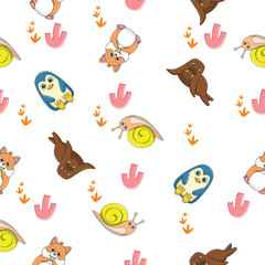 Obraz premium Cute wild animals seamless pattern for baby shower decor, nursery print, kindergarteen wallpaper, fabric, and textile. Vector illustration