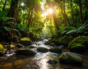 Sunlight streams through lush jungle foliage over a babbling brook