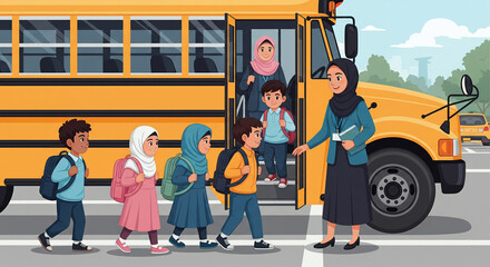 Muslim teacher guides children with backpacks boarding a yellow school bus with a bright smile, representing education and community