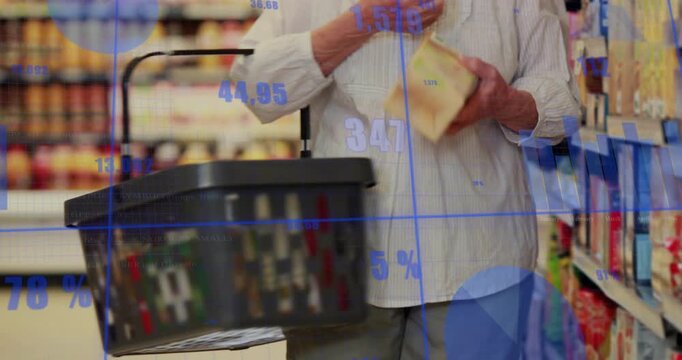Data overlay appearing as senior Hispanic woman walking aisle holding basket tracking shopping