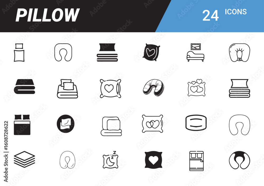 Poster pillow icon set: a collection of 24 diverse pillow icons in various styles for various design applic