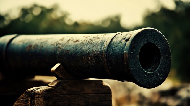 Close-up of a weathered, dark metal cannon barrel mounted on a worn wooden carriage, set against a blurred natural backdrop.  The cannon shows signs of age and rust - Powered by Adobe