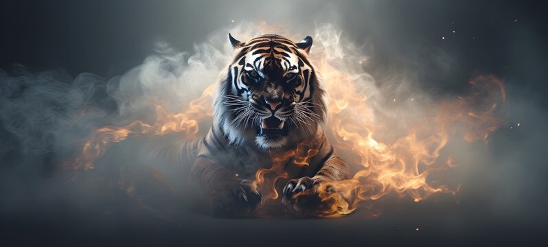 a light tiger , coming out of the smoke, generative AI