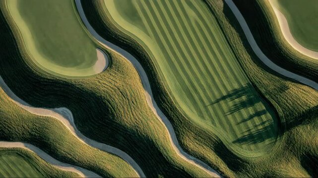 Aerial view of golf course with curving fairways and greens  