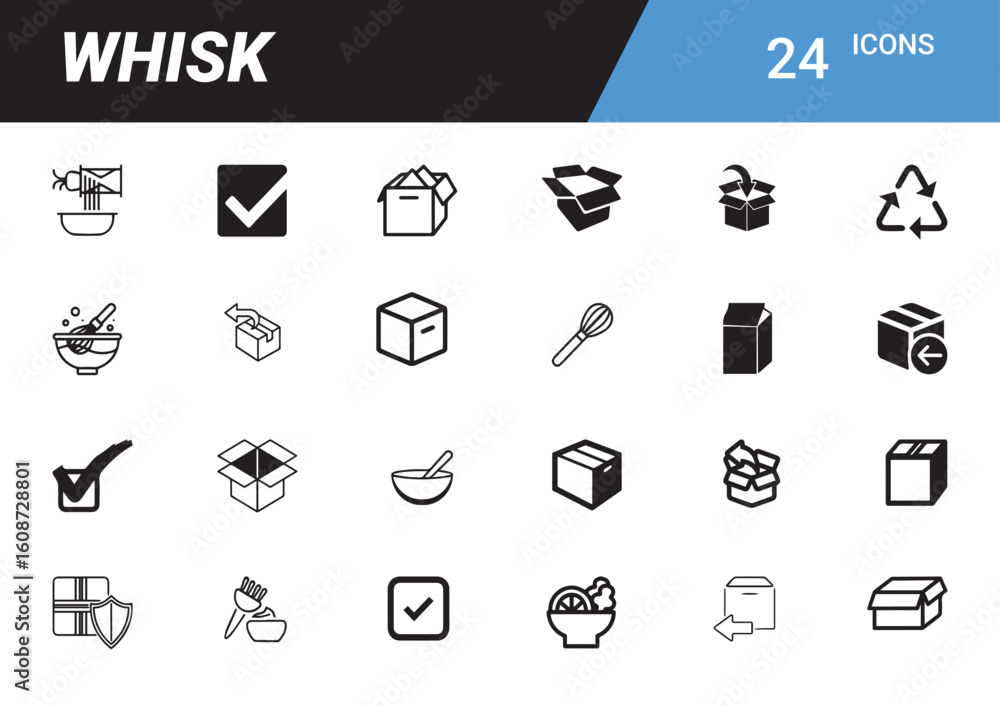 Poster whisk icon set: a modern set of icons including box, checkmark, and whisk. this icon set is designed