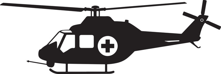 Black silhouette of a rescue helicopter with a medical cross, ideal for emergency services, air ambulance, and healthcare transport designs and icons