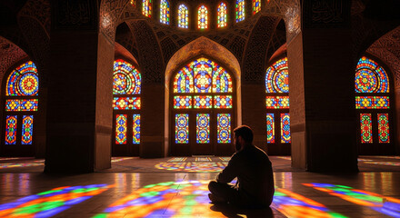 A lone figure sits in contemplation amidst the vibrant, colorful light filtering through stained glass windows in a grand, ornate hall.