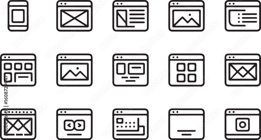 Poster modern user interface icon set featuring a clean minimalist silhouette design for digital applicatio