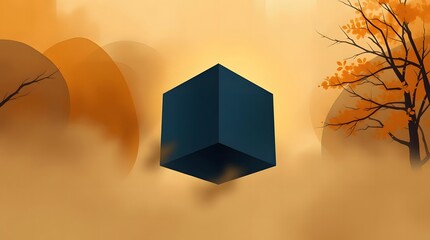 Geometric Minimalist Art: Abstract Cube with Dramatic Lighting and Fog