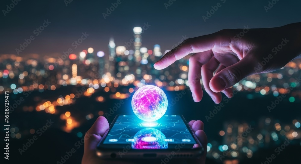 Poster global network connection on mobile device - hand interacting with a glowing globe on a smartphone s