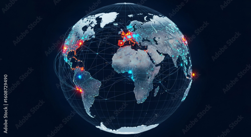 Poster global network connections - a globe showcasing interconnectedness, data streams, international comm