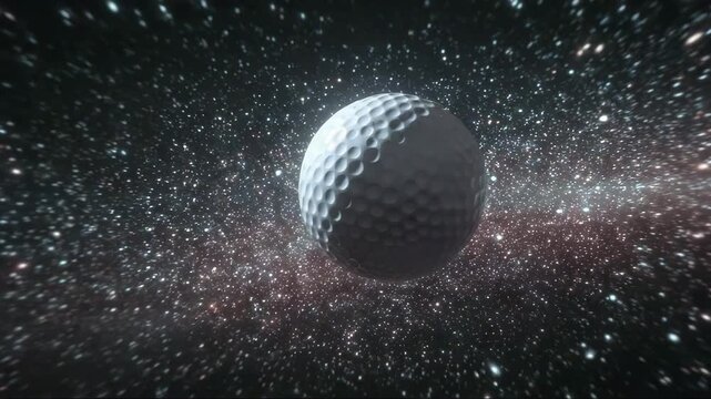 Golf ball floating in space with stars and cosmic background  