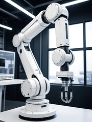 White robotic arm representing advanced technology and automation in industrial applications, showcasing modern engineering and innovation.