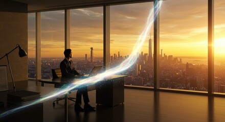 Ambitious businessman observes glowing growth stream from modern office desk overlooking city skyline at sunset