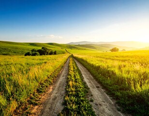 Sunlit country road through a grassy field