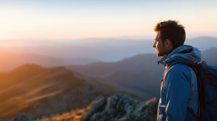 Adventurous hiker watching spectacular sunrise over mountain ranges