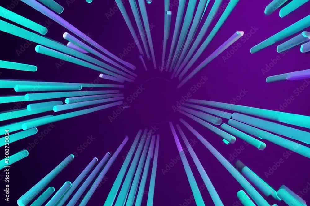 Poster abstract burst of blue and purple lines, creating a sense of movement and energy, as if emerging fro