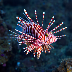 A vibrant lionfish is the focus of this underwater scene.