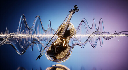 Golden Violin on Abstract Sound Waves