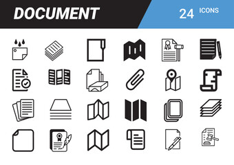 Document Icons: A comprehensive set of minimalist document icons. representing different types of paper documents and related tools, suitable for diverse design applications. 