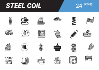 Steel Coil Icons: A collection of meticulously crafted steel coil icons, illustrating various stages of production, and application, perfect for industrial and manufacturing designs.