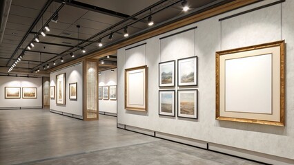 Naklejka premium Indoor Exhibition Wall: Blank Framed Art with Neutral Tones and Reflective Detail