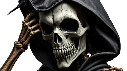 A skeletal assassin wearing a Venetian mask, intricate bone details, realistic texture, dark and eerie ambiance, isolated on white background