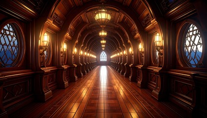 Fototapeta premium A long, ornate wooden hallway, bathed in warm light. Ornate arches, detailed carvings, and sconces line the walls. 